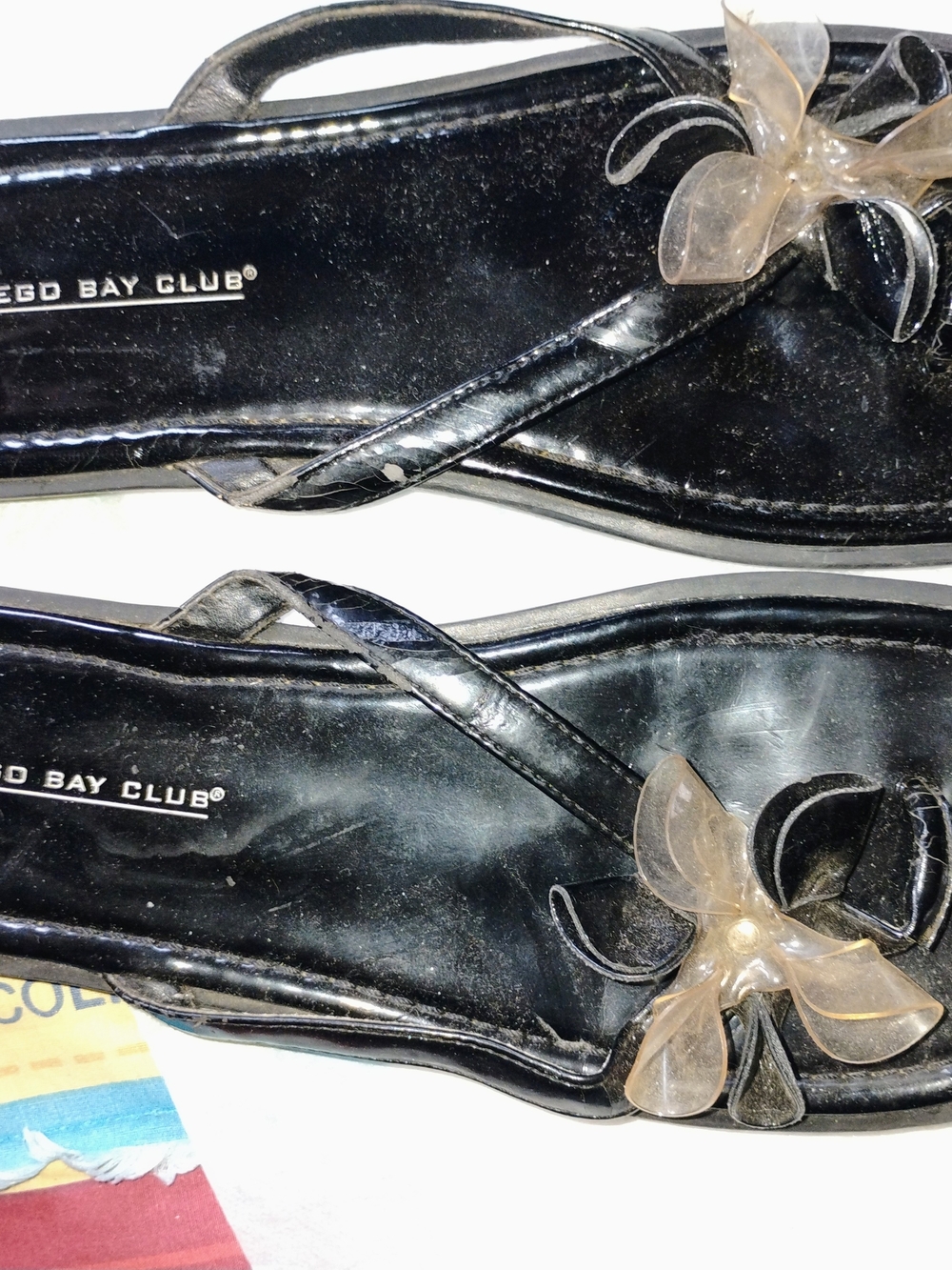 Montego Bay Club Black Flip Flop Sandals with Translucent Floral Accent